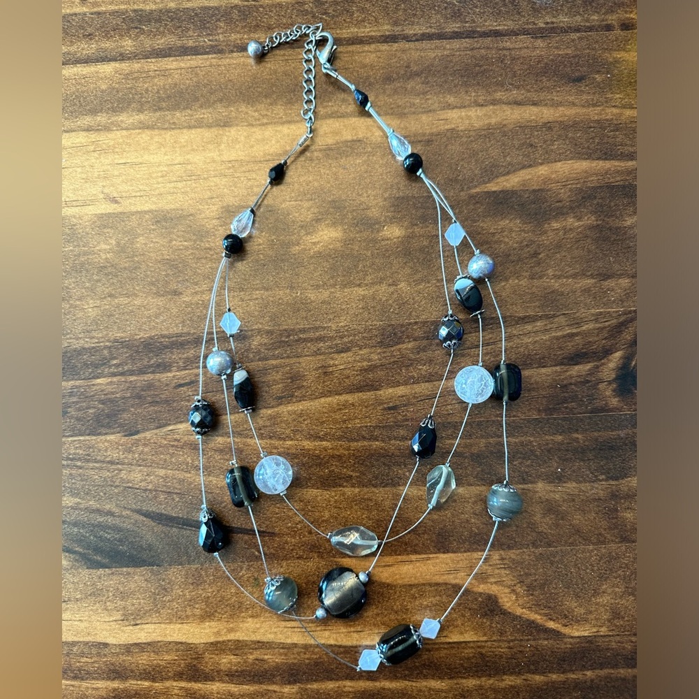 3 Strand Black, Silver and White Glass Bead Necklace